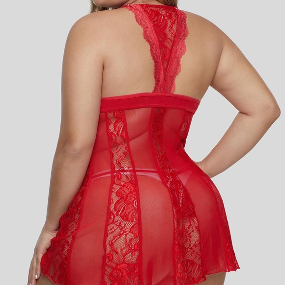 Queen Size Sexy Sheer Red Chemise Set - Picture 2 of 5